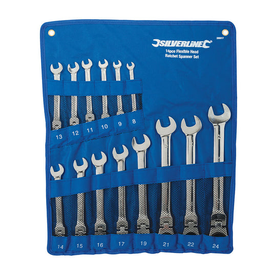 Silverline Flexible Head Ratchet Spanner Set 14pce supplied with a storage roll