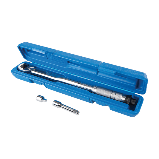 Silverline Torque Wrench 20 - 110Nm 3/8" Drive in plastic storage case, with 6" extension and 3/8" to 1/4" adaptor