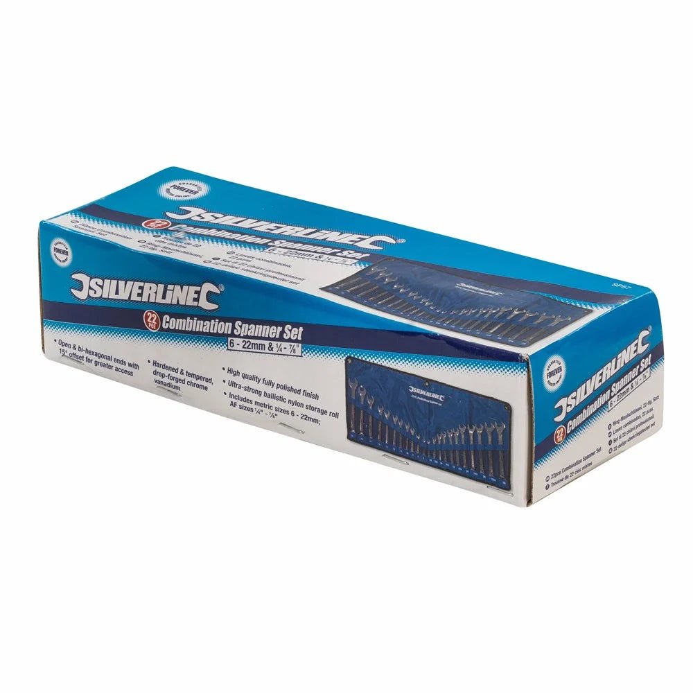 Silverline AF/Metric Combination Spanner Set 22pc 6 - 22mm & 1/4 - 7/8in - The ToolBox Scotland