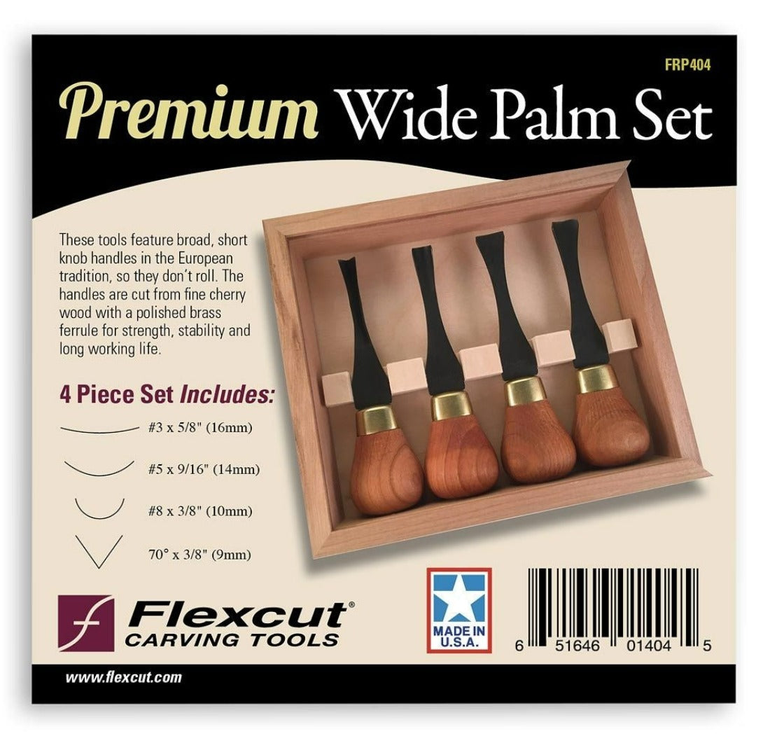 picture of the Premium wide 4pc palm set literature shown on the wooden box holding the chisels