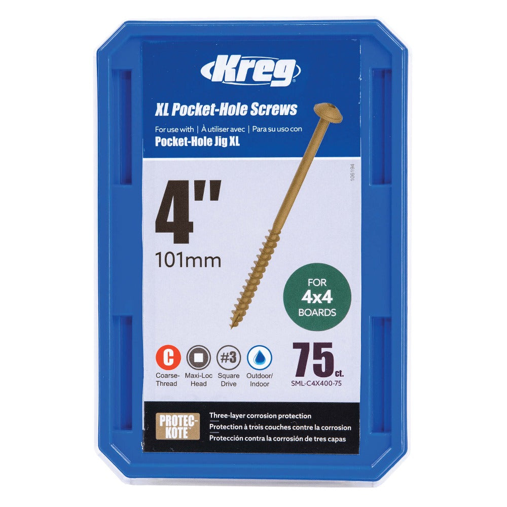 Kreg 102mm (4in) XL Pocket-Hole Screws 75pk showing the plastic tub top cover