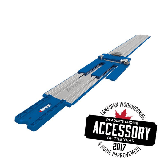 picture showing a complete Kreg Accu-Cut KMA2700 with saw sled. within the picture an award from the Canadian woodworking magazine for accessory of the year 2017