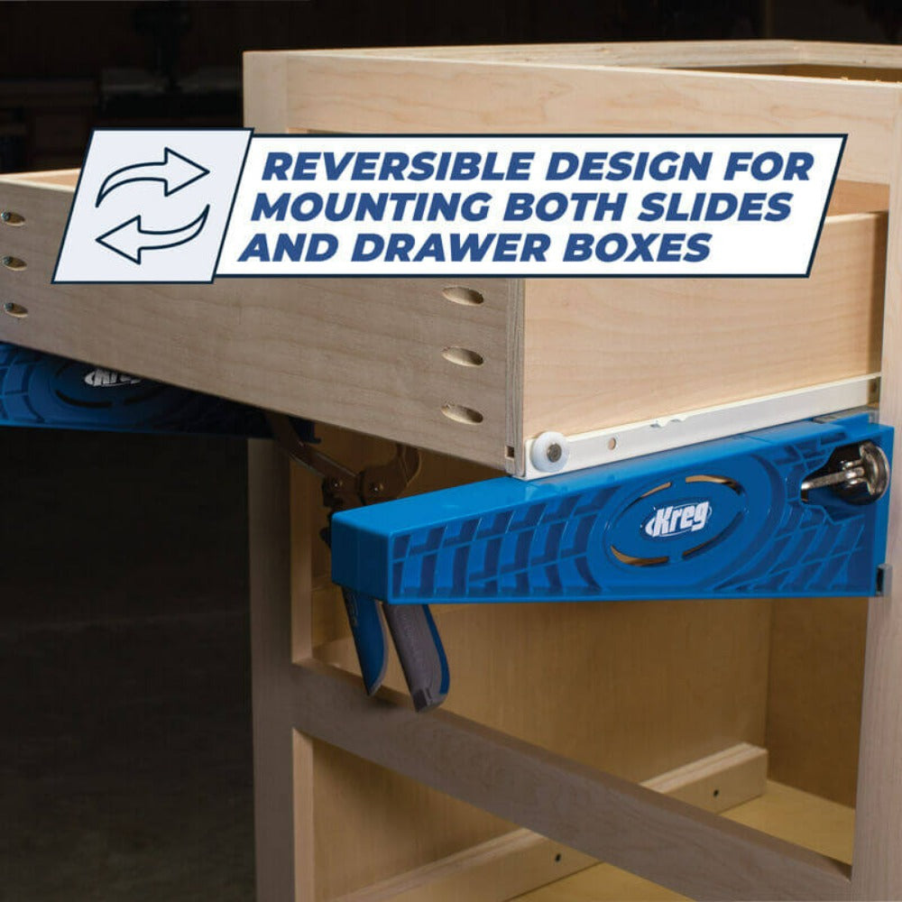 Kreg Drawer Slide Jig KHI-SLIDE shown both mounted and a drawer on top. Drawer is being fitted metal slides runners.
