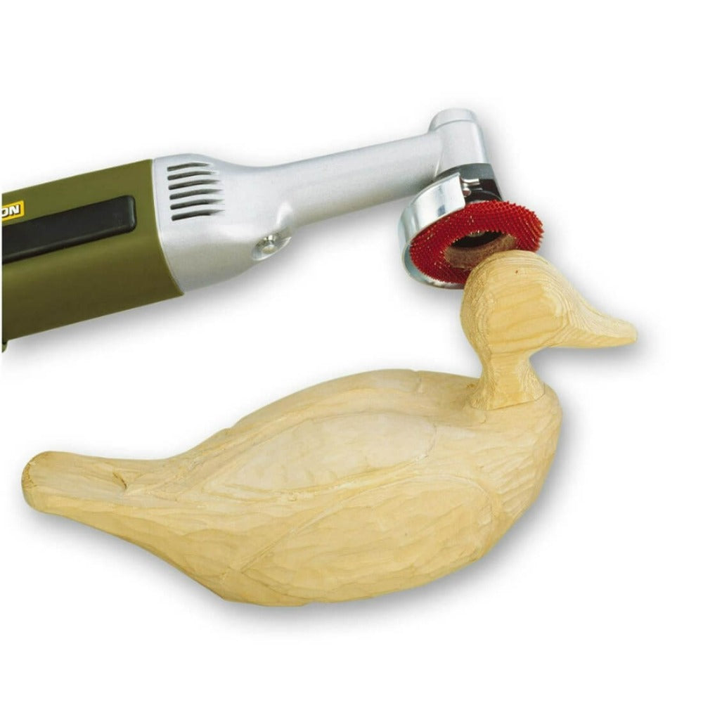 Proxxon LHW Angle Grinder 240V image shows the grinder carving a wooden duck
