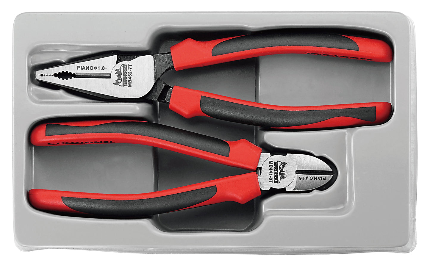 First drawer showing 2 sets of pliers one pair side cutting and second pair combination pliers
