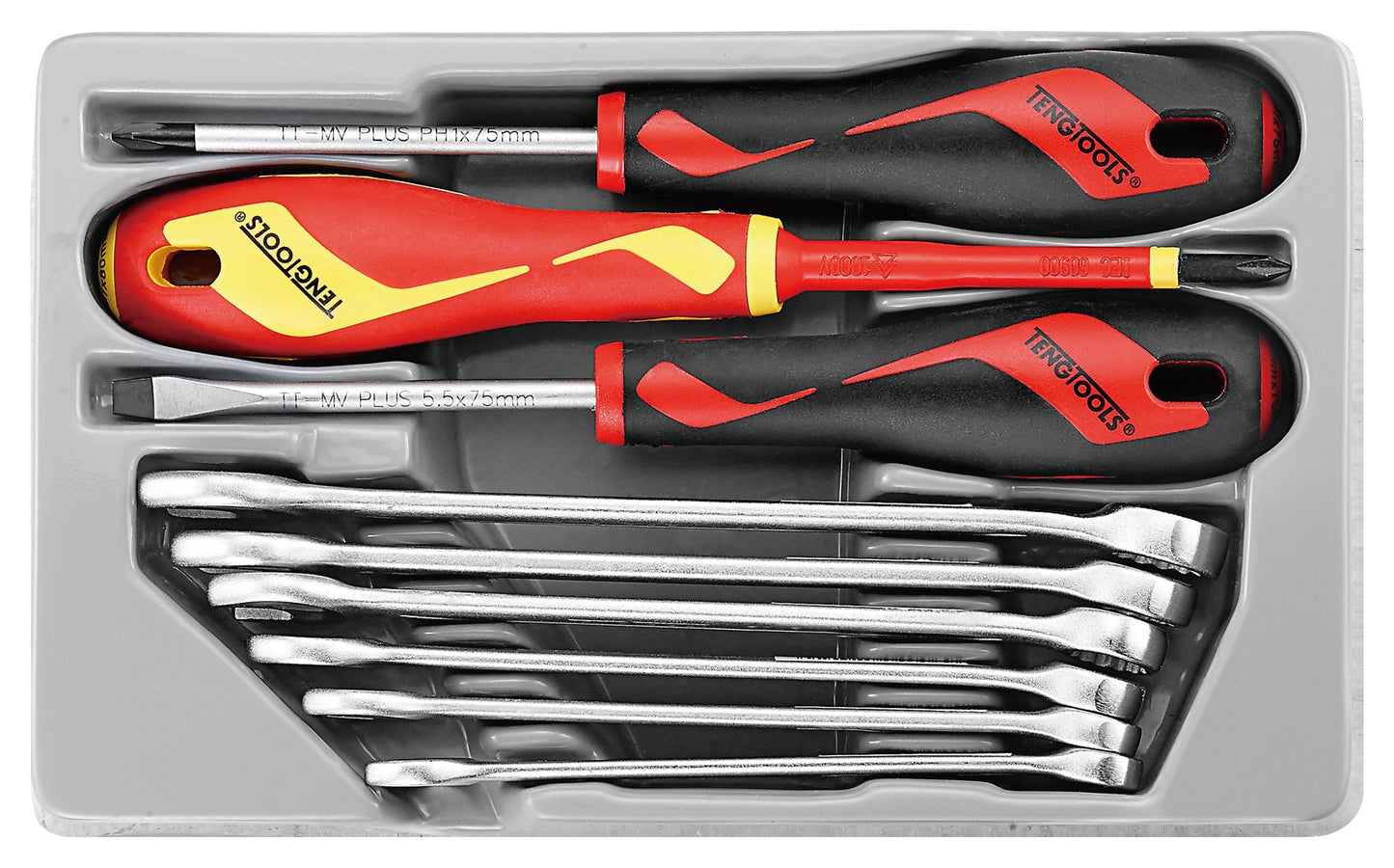 second drawer showing 3 screwdrivers one VDE phillips, ordinary PH1 and flat blade screwdrivers, also included 6 combination spanners