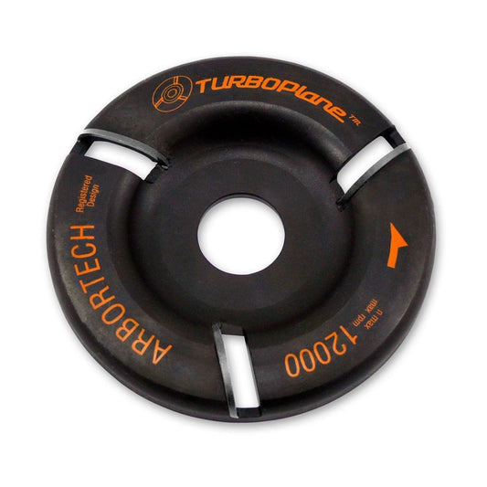 Arbortech Turbo Plane Blade has three cutting blades pressed into the circular dished disc which can be resharpened. Max speed of 12000rpm's and is one directional. Centre hole is 22.2mm for standard 115mm angle grinders.