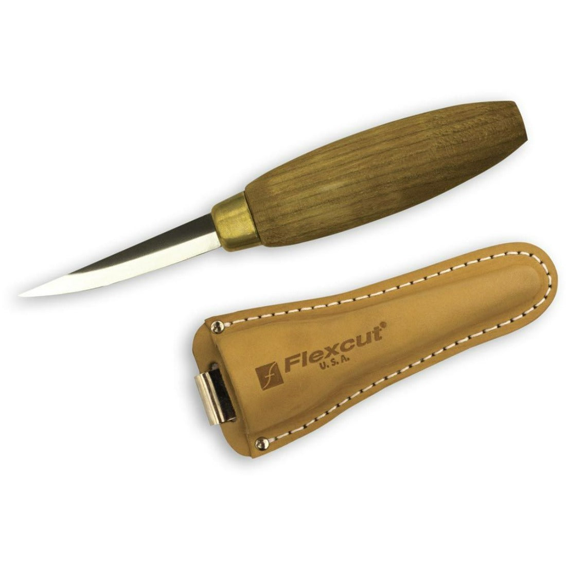 picture showing the Flexcut Sloyd KN50 knife with wooden handle and brass knurl between the handle and blade. Also in image is the leather sheath