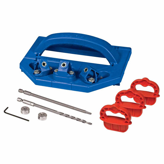 Kreg Deck Jig System includes jig, 3 x 5mm spacers, stepped drill bit and depth collar with hex key to tighten grub screws in depth collar and long driver bit for screws