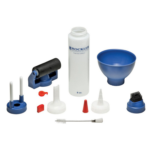 Rockler Glue Application Set 8pce comprises of an 8oz (237ml) plastic bottle, standard spout with cap, glue line attachment, roller, rubber brush head, glue funnel, Mortise Glue Applicator and cleaning brush