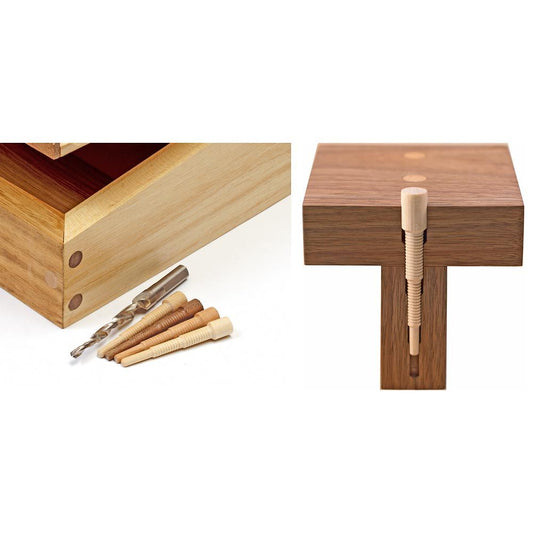 image shows the  four different coloured stepped pegs and the drill bit. Samples of a corner of a wooden box with the joint made with the stepped pegs. Also a T Shaped section of dark wood with the joint pegged with light coloured dowels.