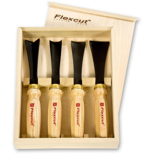 Flexcut large chisels for use with mallet for the larger pieces. Set of four with one Vee gouge and three gouges . All in a stored wooden case with slide lid.