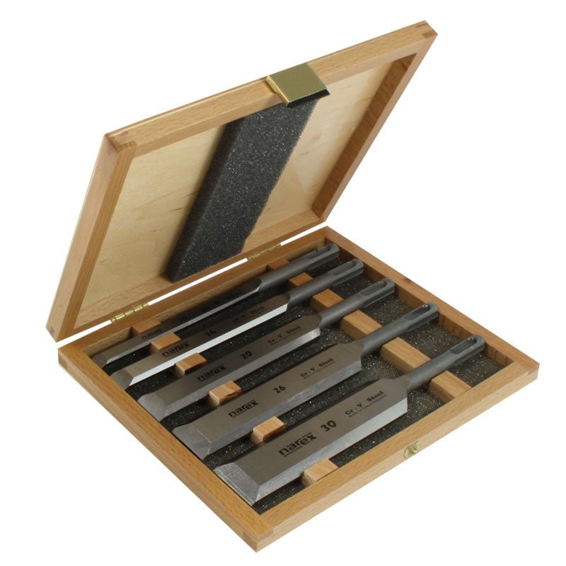 Narex Set of SDS+ Plus Wood Chisels in Wooden Storage Box - The ToolBox Scotland