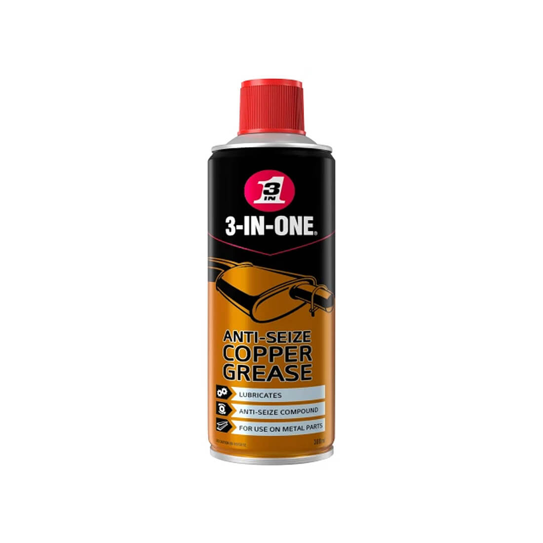 Spray can of 3-IN-ONE Anti-Seize Copper Grease 300ml which lubricates, is an anti-seize compound and can be used on metal parts.