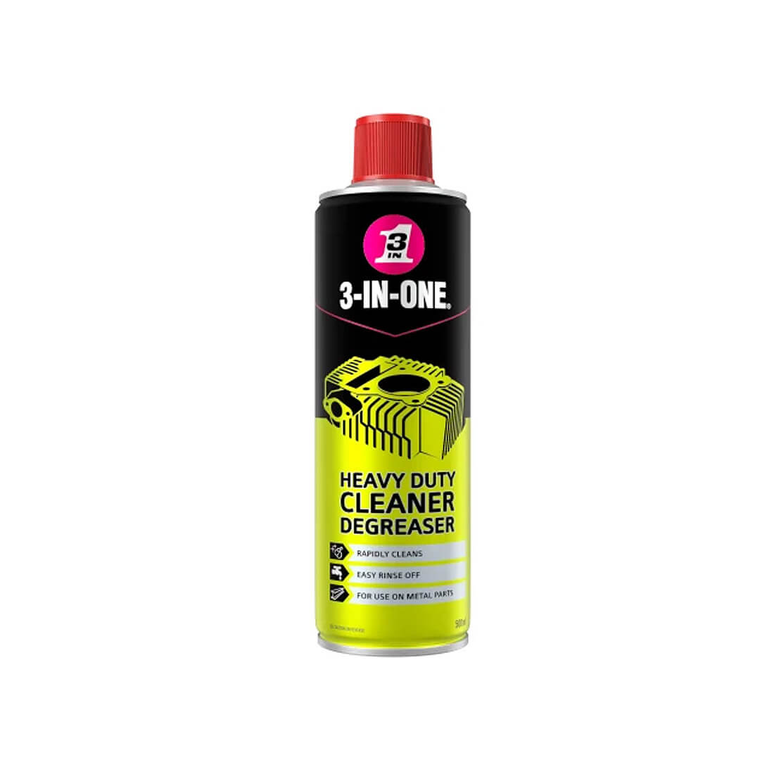 Spray can of 3-IN-ONE Heavy-Duty Cleaner Degreaser 500ml for use on metal parts. Easy rinse off.