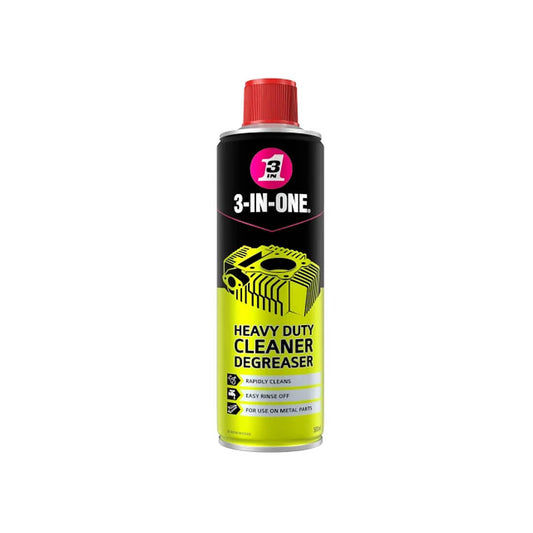 Spray can of 3-IN-ONE Heavy-Duty Cleaner Degreaser 500ml for use on metal parts. Easy rinse off.