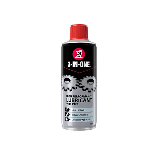 Spray can of 3-IN-ONE High Performance Lubricant with PTFE 400ml which reduces friction and has a multi surface use.