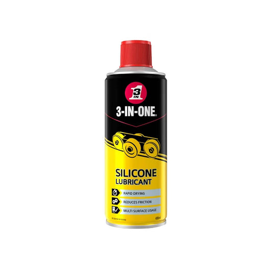 Spray can of 3-IN-ONE Silicone Spray 400ml which is rapid drying, reduces friction and has a multi surface use.