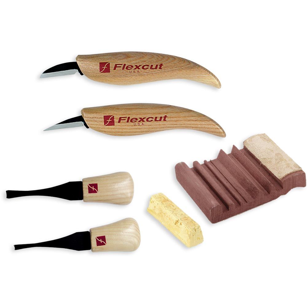 Flexcut Beginner Palm and Knife Set KN600 with slipstrop and wax. Two gouges and two knives with this set.