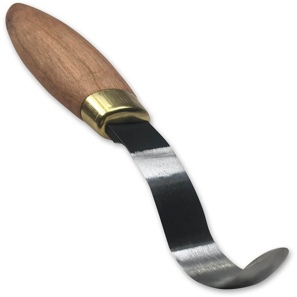 from a different angle of image of the Flexcut Double Bevel Sloyd Hook Knife KN51 with wooden handle and brass ferule