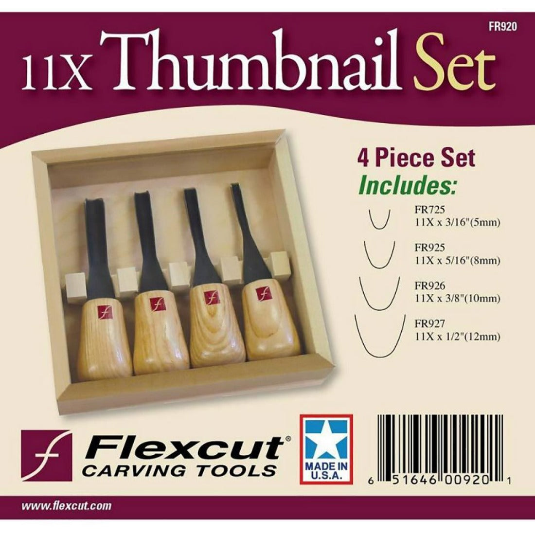 picture of the Flexcut FR920 4pc set leaflet showing the set and profiles of the gouges