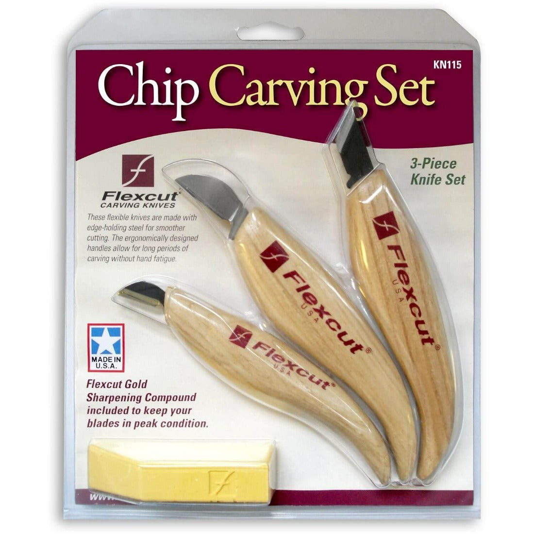 picture if the FLEXCUT KN115 3 PIECE CHIP CARVING SET in its clear plastic packaging