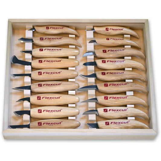picture of the Flexcut KN250 Deluxe Knife 18pc Set. Mixture of different knives. All knives are racked in the wooden case