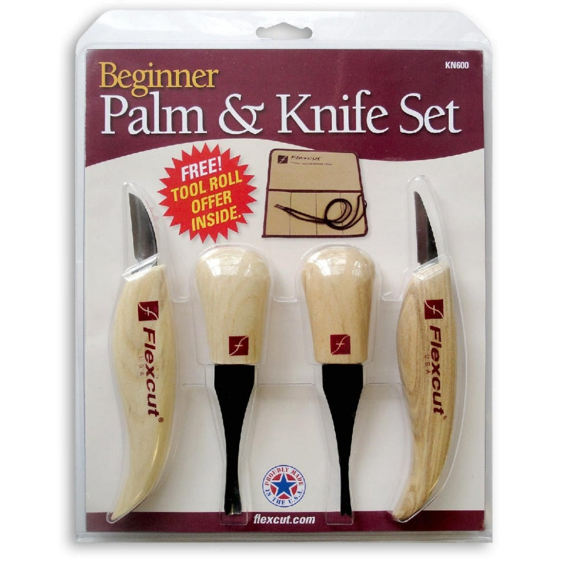 Flexcut Beginner Palm and Knife Set KN600 of two gouges and two knives in its clear plastic packaging