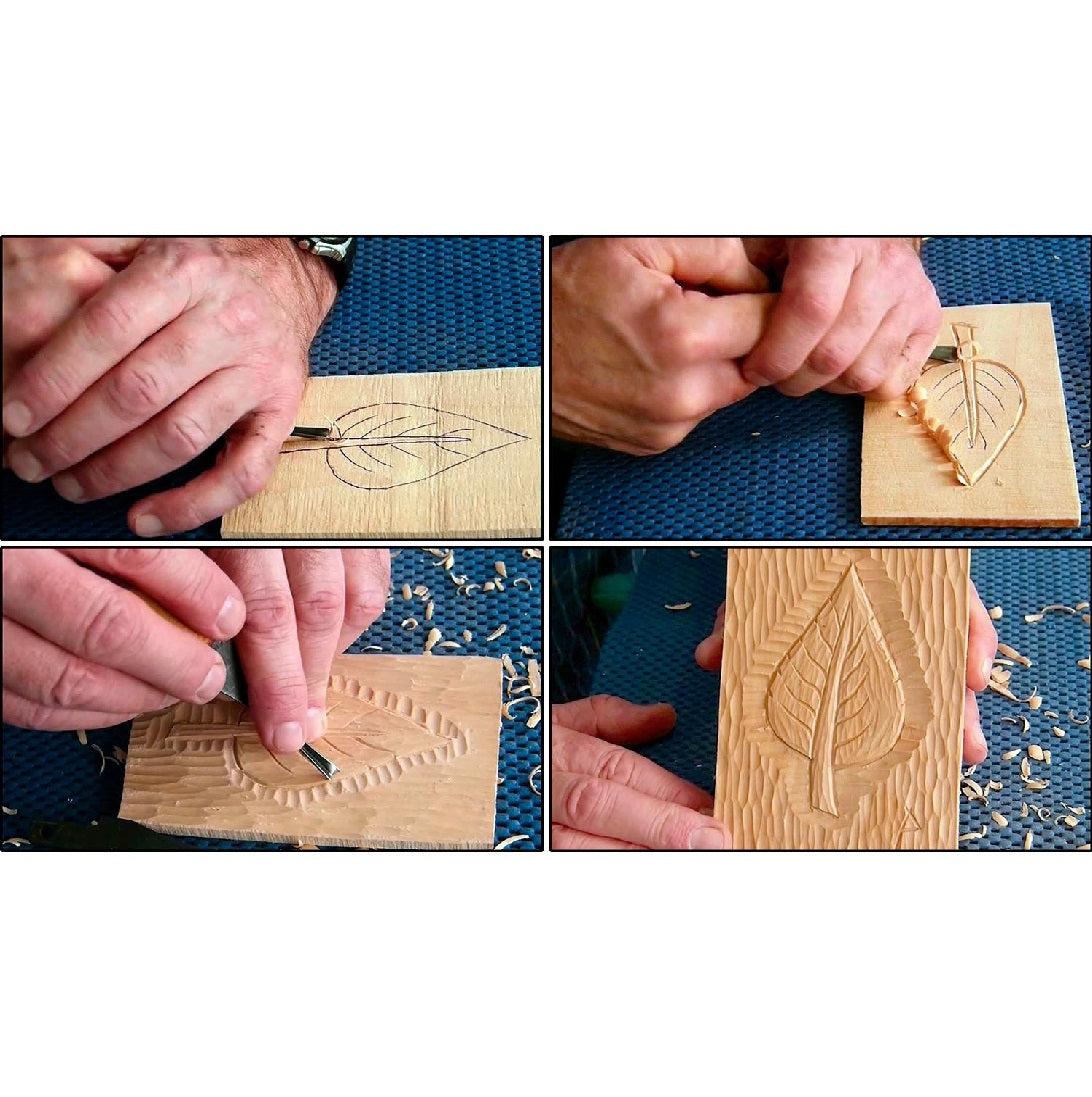 a mixed set of 4 pictures showing the start to finish of carving a leaf in basswood.