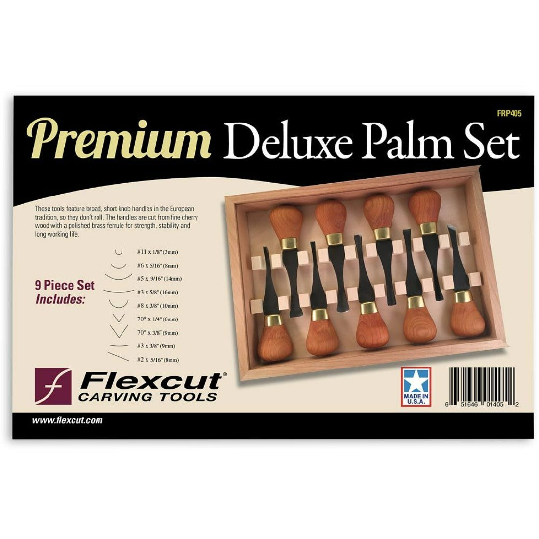 image of the 9pc set in a wooden box with knives in a racked box. 
