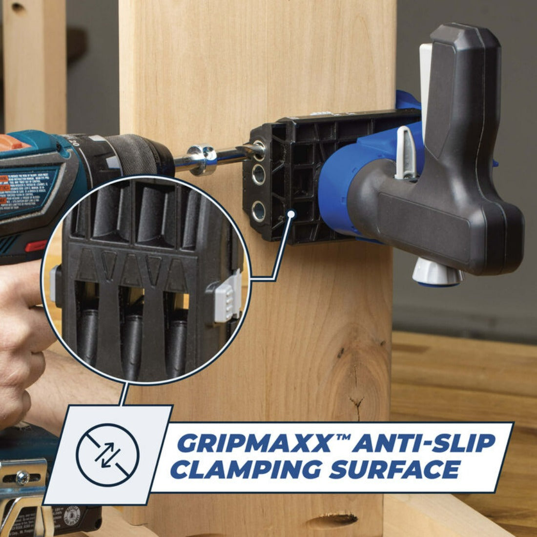 plank being drilled with cordless drill for pocket screws into plank held with the 520pro jig and caption reading "gripmaxx anti-slip clamping surface"