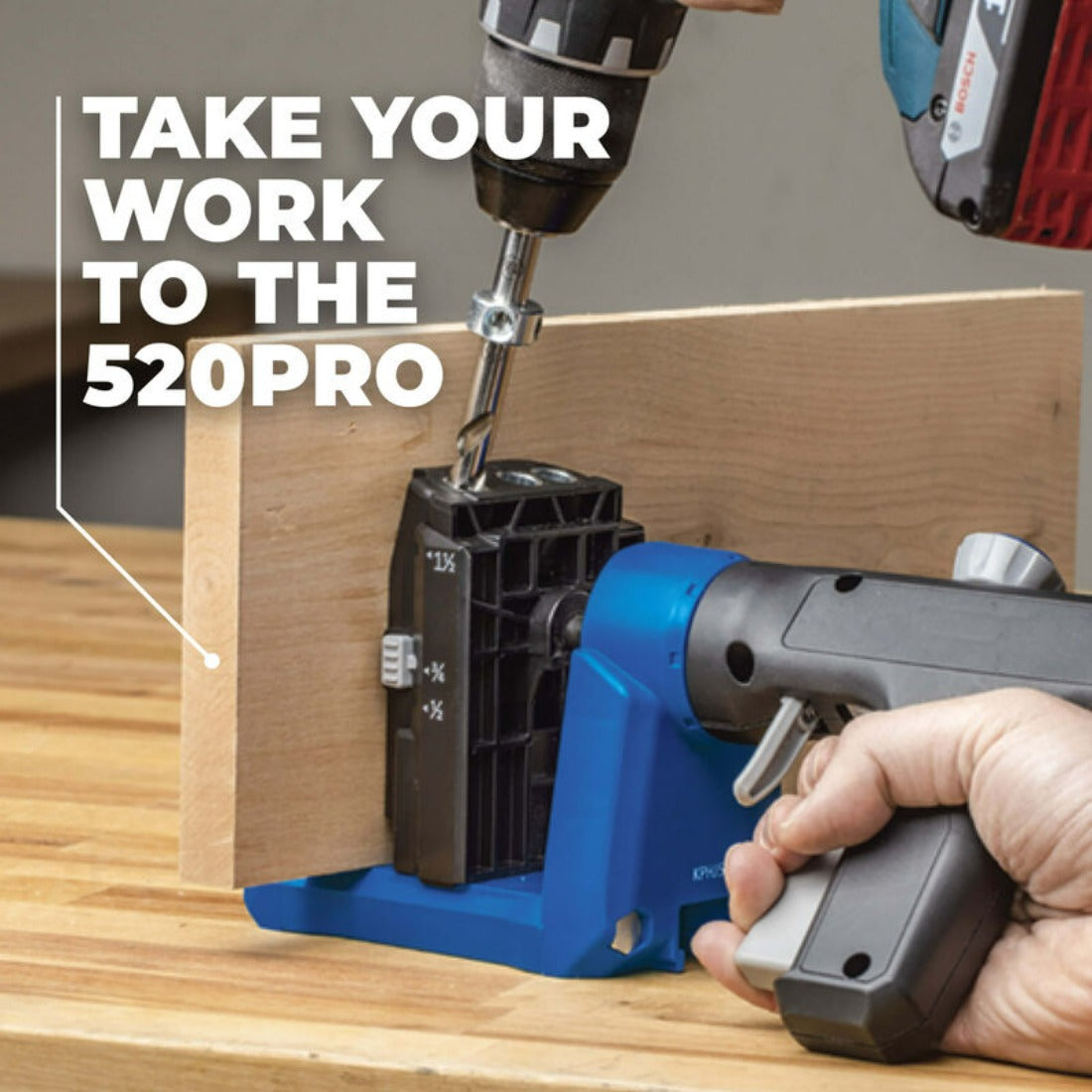 another image showing the kreg 520pro with a plank of timber in the jig being drilled for pocket screws and caption reading "take your work to the 520pro"