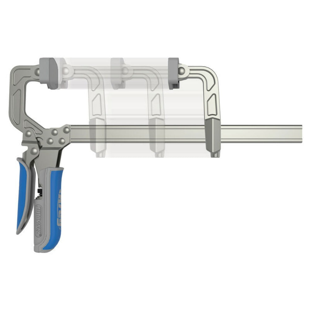 Kreg Auto-Adjust Bar Clamps image shows the easy to slide the bottom clamp to size required 