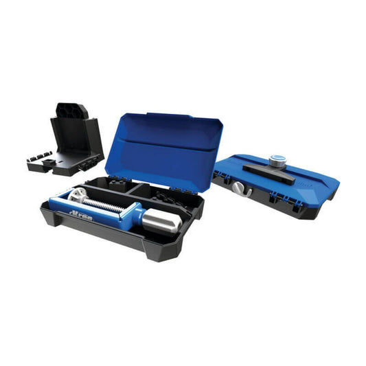 Kreg Docking Station KPHA750 for 520/720 Pocket Jigs two storage compartments. One holds the g clamp to hold the jig on place, the other for storing drill, screws and accessories