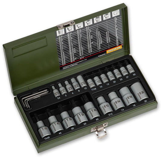 Proxxon Industrial 24pc Torx Socket Set 1/4" and 1/2" Drive in a metal case, with locking latch. Additional torx keys, and sockets.