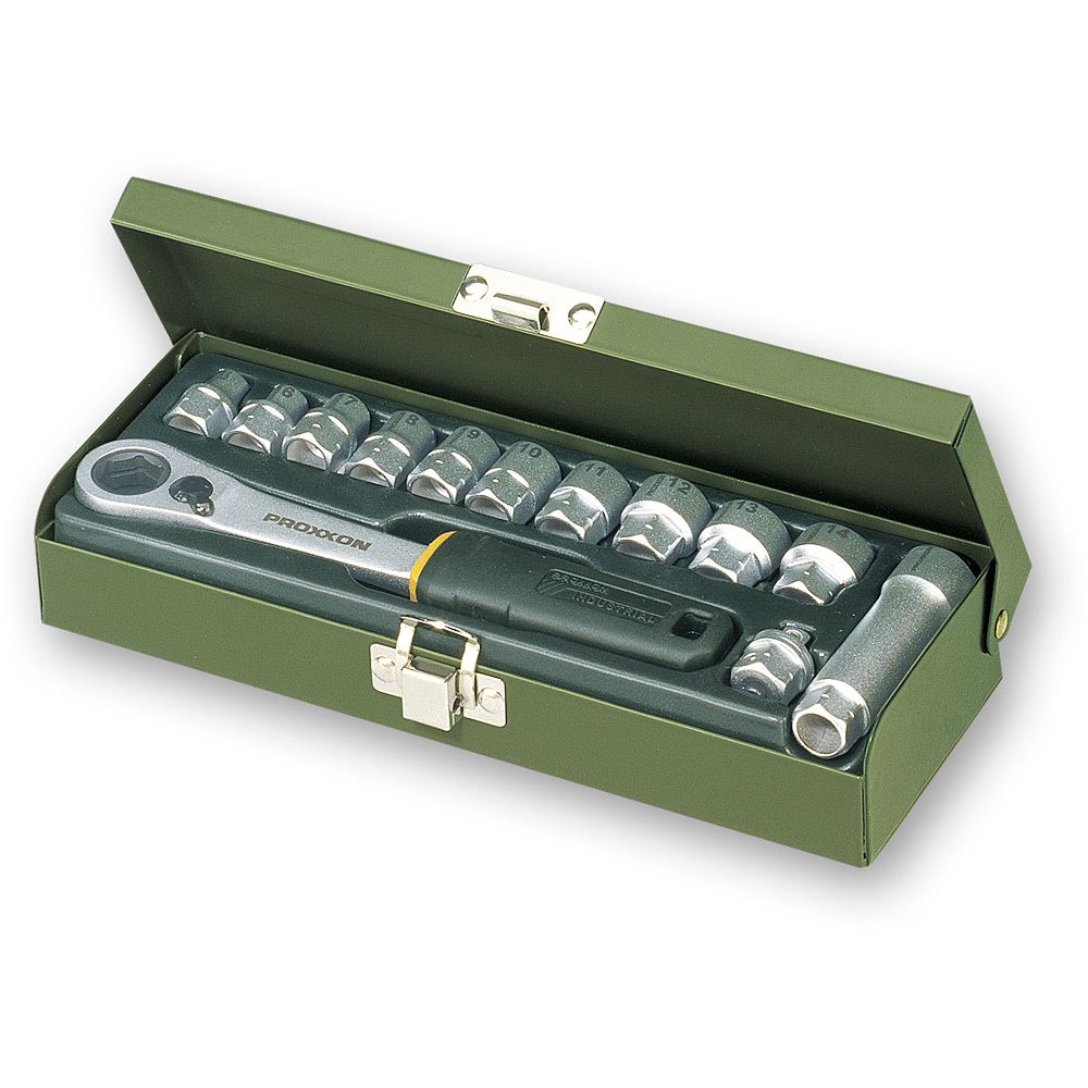 picture of Proxxon Industrial 13pc hollow Socket Set 1/4in drive in a metal case. Set consists of 10 hollow sockets from 5.5 to 14mm, hollow ratchet wrench, 55mm hollow extension and 1/4in hex bit to take standard 1/4in sockets