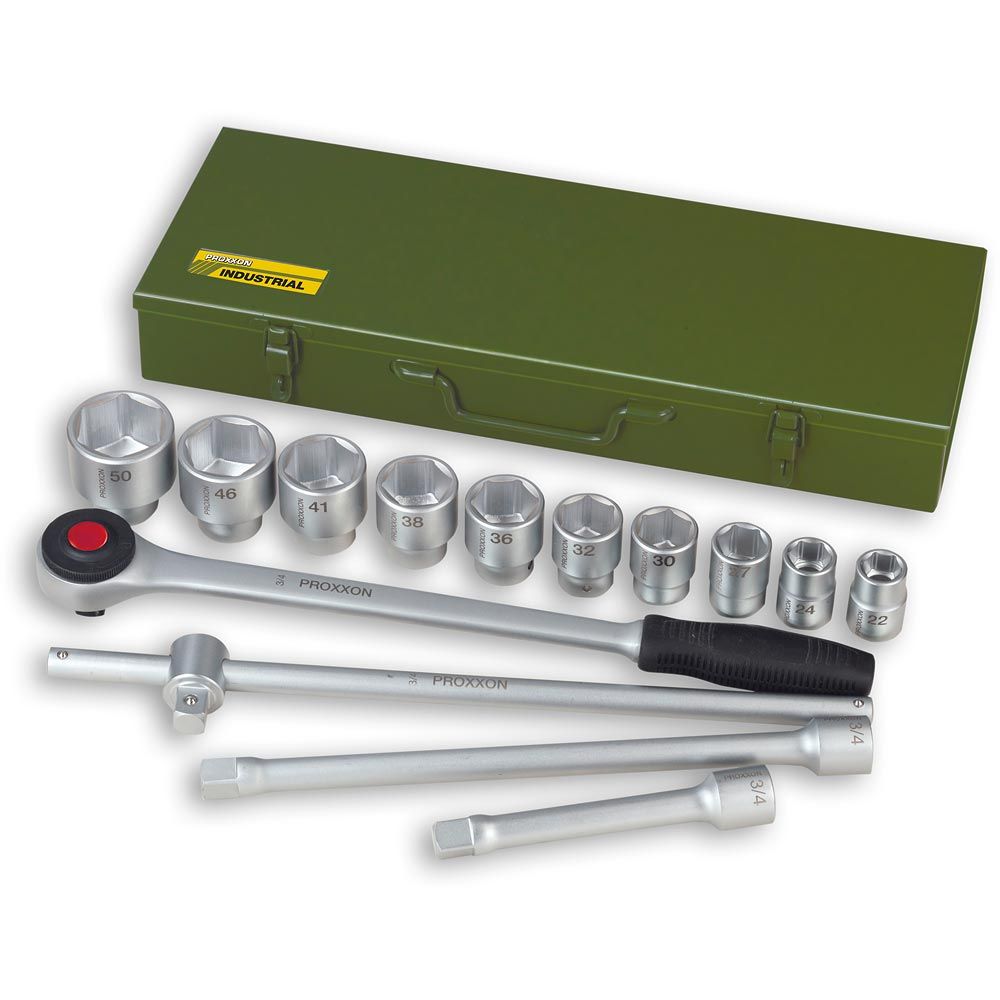 Proxxon 3/4" Drive 14pc 6 point Socket Set in metal storage box with handle and closing clips 