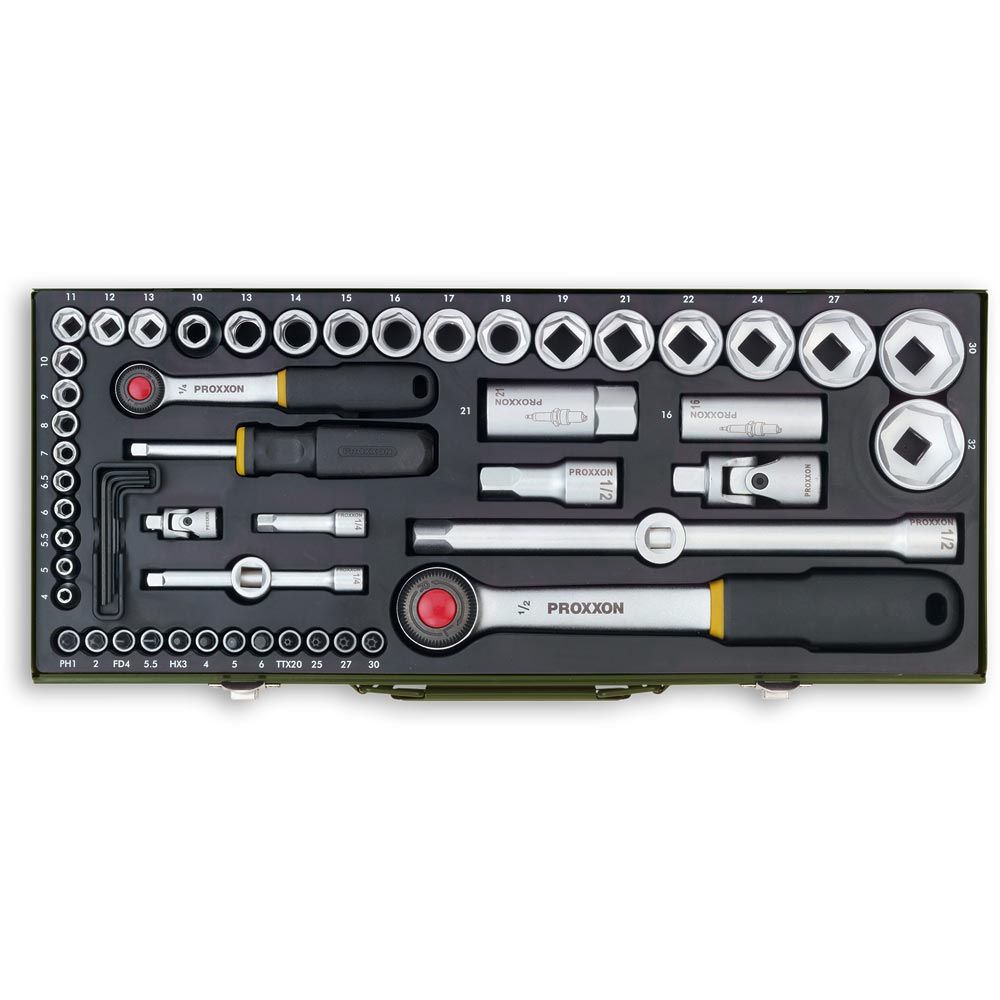 Proxxon Industrial 56pc Socket Set - 1/4 inch and 1/2 inch Drives