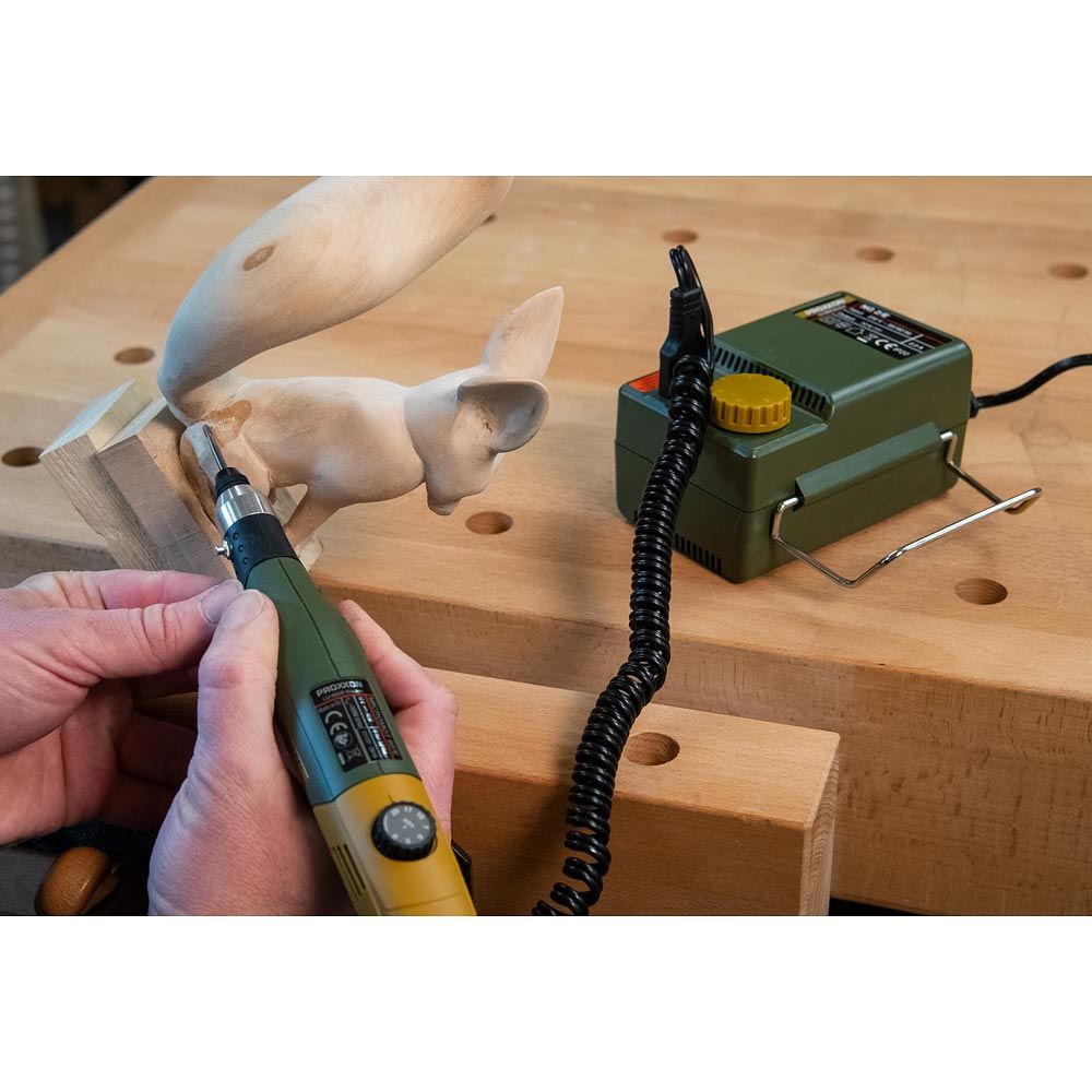 another picture showing the carving abilities of the Proxxon Micromot 60/EF Mill/Drill Unit carving a wood carved squirrel. Unit is connected to the 12v transformer