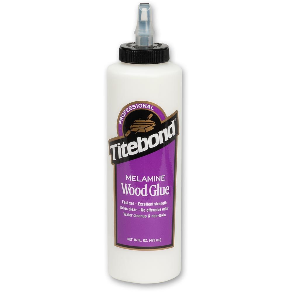 Titebond Melamine Glue 473ml bottle with applicator spout. Glue is white in colour, but dries clear.
