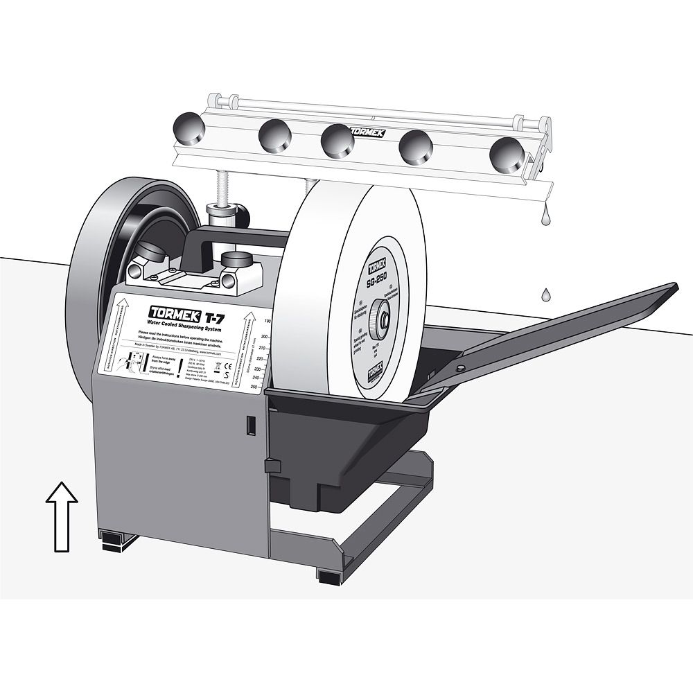 drawing of Tormek AWT-250 Advanced Water Trough showing using the plane blade jig and extended drip tray catching the water