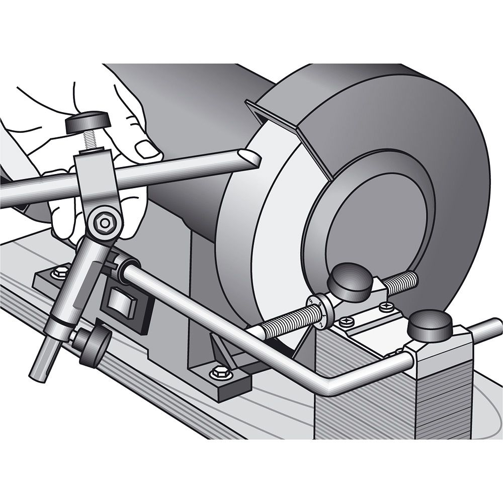 illustration drawing of setting up the Tormek BGM-100 Bench Grinder Mounting Set for a turning gouge