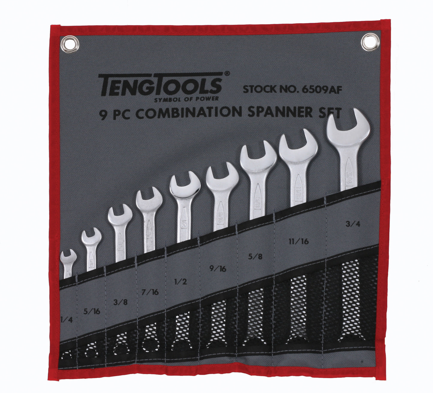 Teng Tools Spanner Set Combination AF 9pcs sizes 1/4 inch to 3/4 inch in a tool roll