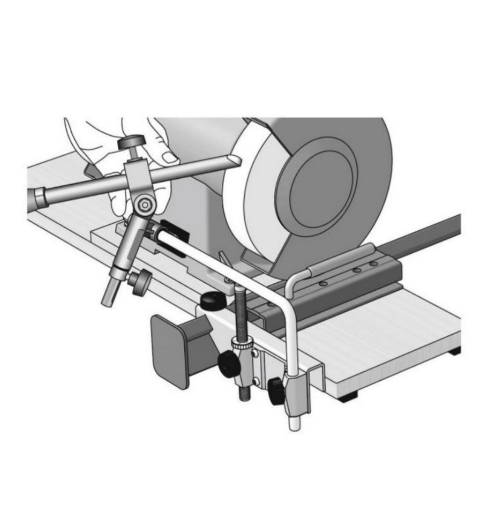 Drawing of the OWC-1 converter and the BMG-100  fitted to a bench and in position for a bench grinder.