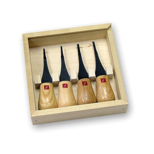 Flexcut 4pc FR604 palm set shown in a wooden case with slide on wood lid. Each knife has its own slot within the box, separated with wooden blocks