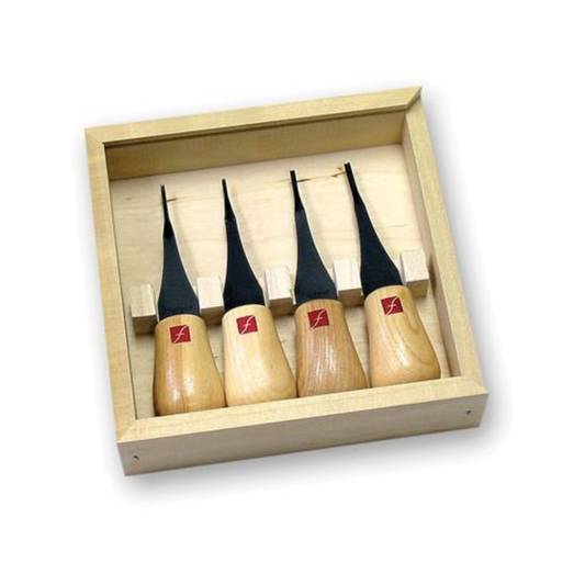 picture of the Flexcut 4pc Micro Palm Set FR804 supplied in wooden box with racking for the knives and a slide on wooden lid