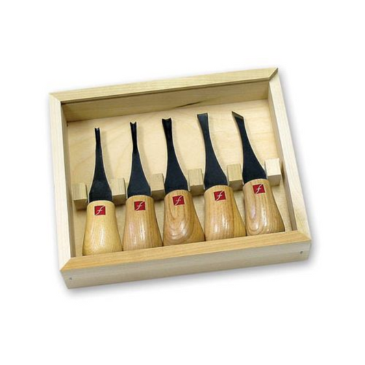 Picture of the 5pc FR310 palm set in a wooden case. Each knife has its own individual spaced rack within the case.