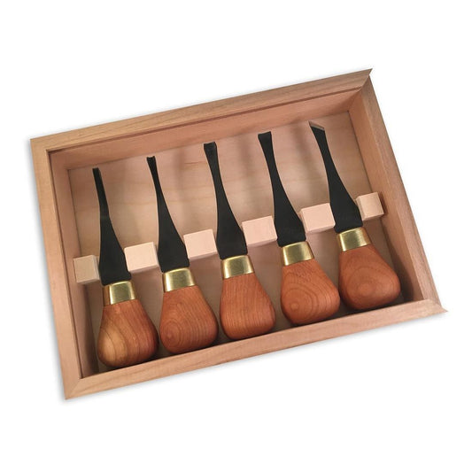 image of the 5pc premium beginner palm set in a wooden box. Each knife set in the rack within the box. Each knife has brass ferule on the handle
