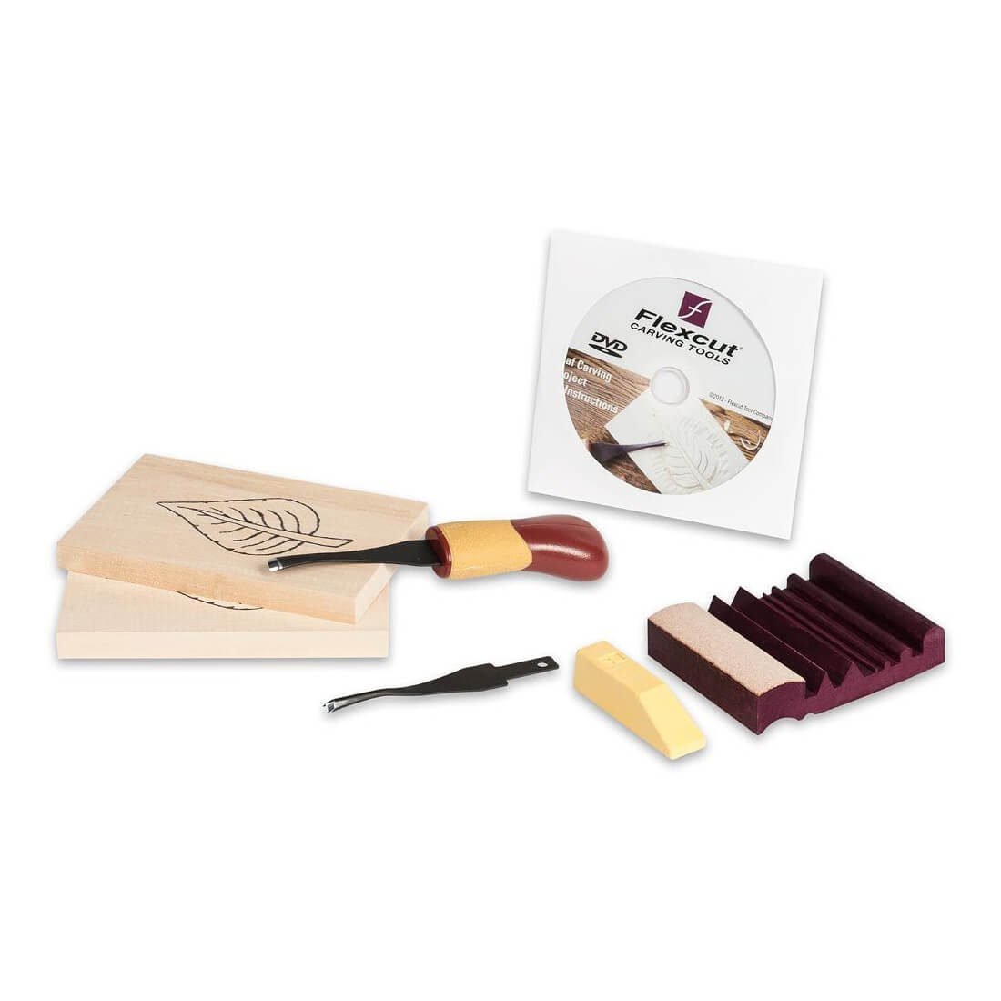 Flexcut Beginner 2-Blade Craft Carver Set Package comprises of a slipstrop, two blades with handle, wax block and two pieces of basswood. Supplied with instructional DVD.