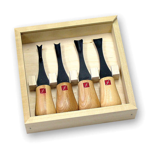 picture of the 4pc wide format palm set FR404. Is supplied in wooden box, with slide on lid. The chisels have a rack with the box to keep them in place.